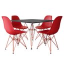 Ver imagem 1 de Conjunto Sala de Jantar Eames de Ferro Cobre e Tampo Quadrado Preto 90cm 4 Cadeiras Vermelhas