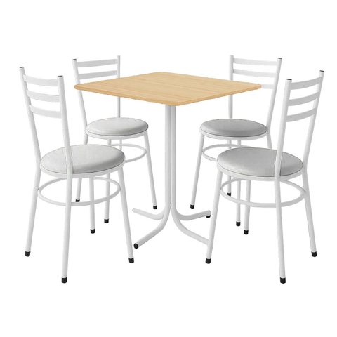 Conjunto Mesa Branca 70x70cm Tampo Pinus com 4 Cadeiras Epoxi