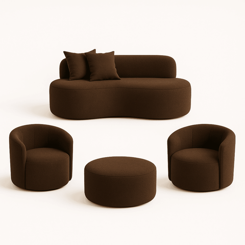 Conjunto 02 Poltronas + Sofá e Puff Curvo Orgânico Nature Gaia Boucle Marrom- Montanaris Decor