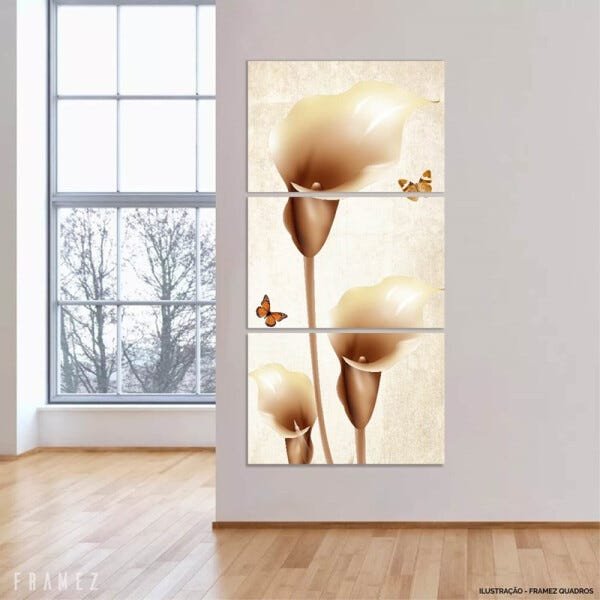Quadro Flores e Borboletas Artístico Vertical Para Corredor Recepção em Tecido - 2