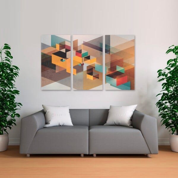 Quadro Abstrato Geométrico decorativo Vintage Jogo 3 Telas Para Sala Escritórios Recepção 105x65 - 1
