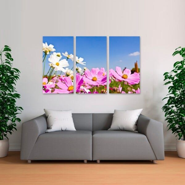 Quadro Flores Cosmos decorativo Floral Para Sala Recepção 3 Peças Canvas - 2