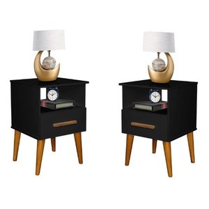 Kit 02 Mesa de Cabeceira Cor Preta Retrô Criado C/ 1 Gaveta Romar 55