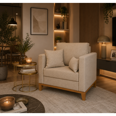 Poltrona Beny Decorativa com 2 Almofadas Linho Bege Base em Madeira Maciça
