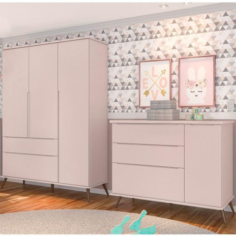 Conjunto Infantil Tina 3 Portas de Bater 2 Gavetas MDF Rose Semi Brilho Sallar Home