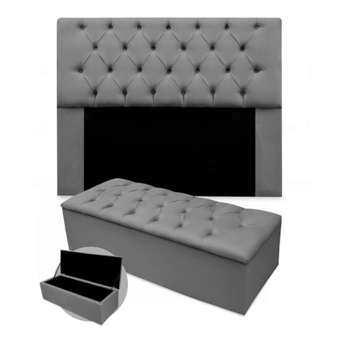 Kit Cabeceira + Calçadeira Baú Mirage Queen Size 160cm Suede - Ecotec Decor:Cinza