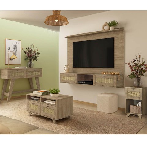 Conjunto Sala Painel P/ Tv até 72", Aparador 2 Gavetas, Mesa Centro e Apoio Trama Carvalho - Artely