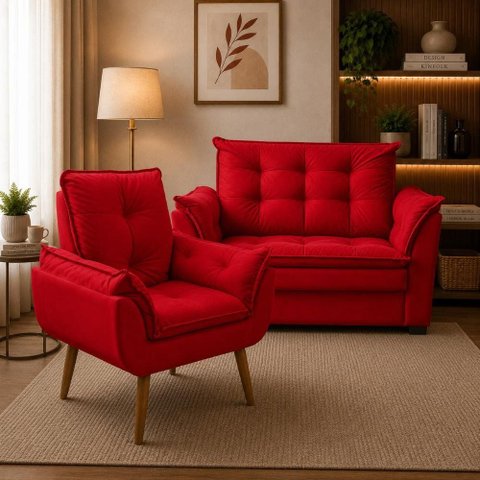 Sofá 2 Lugares com 1 Poltrona Decorativa para Sala de Estar Suede Vermelho