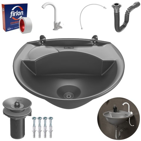 Pia Lavatório 4l Cinza + Sifão Sanfonado Universal + Torneira Branca + Engate Branco + Veda Rosca