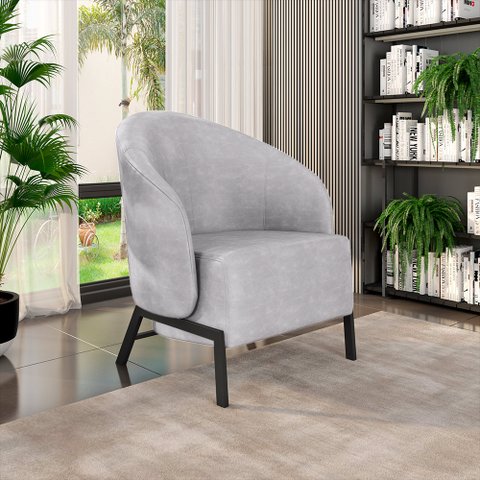 Poltrona Decorativa Sala de Estar Kenya Pés em Ferro Pu Preto/cinza G33 - Gran Belo
