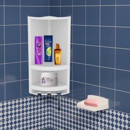 Chuveiro Ducha Fria Redondo 17cm Branco + Suporte de Canto Porta Shampoo Branco + Veda Rosca - 10