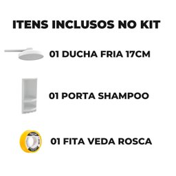 Chuveiro Ducha Fria Redondo 17cm Branco + Suporte de Canto Porta Shampoo Branco + Veda Rosca - 2