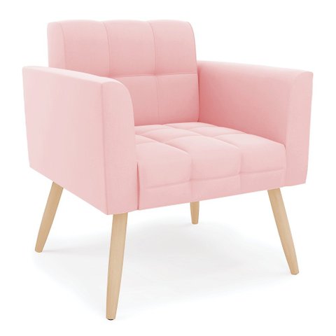 Poltrona Elisa Suede Rosa Bebê Pés Palito Natural - D’Rossi
