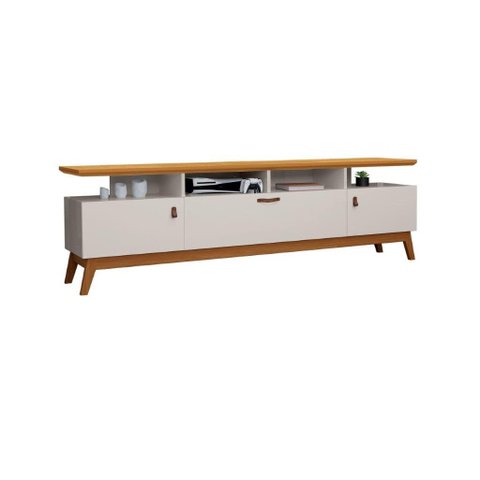 Rack Abs 2.18m Estilo Retrô com Pés em Madeira e Puxadores em Couro para Tv até 75'' com Nichos para