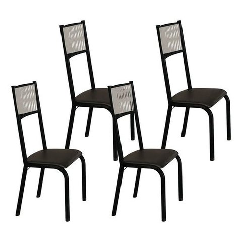 Kit 4 Cadeiras Sofia Corino Preto e Fibra Nautica Champanhe Tubo Martelado