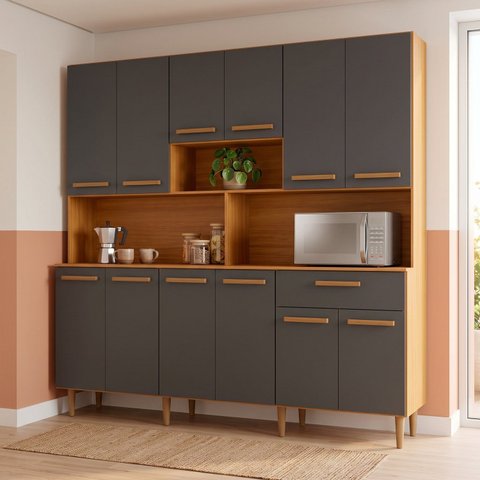 Armário de Cozinha 12 Portas 1 Gaveta com Nicho para Eletrodomésticos e Tampo 180x175cm Grafite