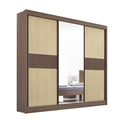 Guarda Roupa Mdf Cristal Ripado 3 Portas Castanho Linho
