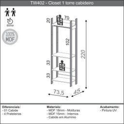 Closet Modulado 1 Cabideiro 4 Prateleiras 73,5cm Tw402 Dalla Costa - Freijó/preto Fosco - 3