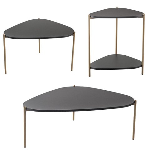 Conjunto Sala Estar Mesa Centro Lateral Orgânica Pé Metal Nero/dourado