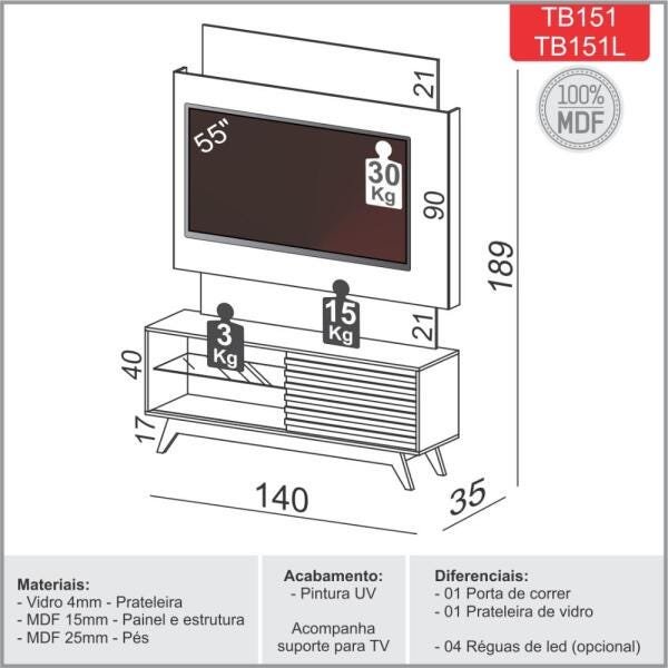 Rack Retrô com Painel Tv 55" 1,40m 1 Porta Iluminação Led Tb151l Dalla Costa-off White/nobre - 3