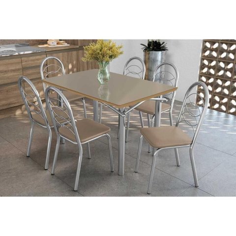 Sala de Jantar Completa Elba Tampo Madeirado C/ Vidro 120cm e 6 Cadeiras Holanda Cromada/freijo