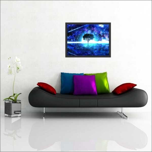 Quadro Decorativo Árvore Galáxia Universo Planetas Espaço Cosmos Estrelas Com Moldura - 1