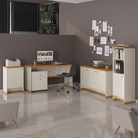 Conjunto Escritório Office Escrivaninha Balcões Gaveteiro Zeus - Via Nossa - Off White/naturale
