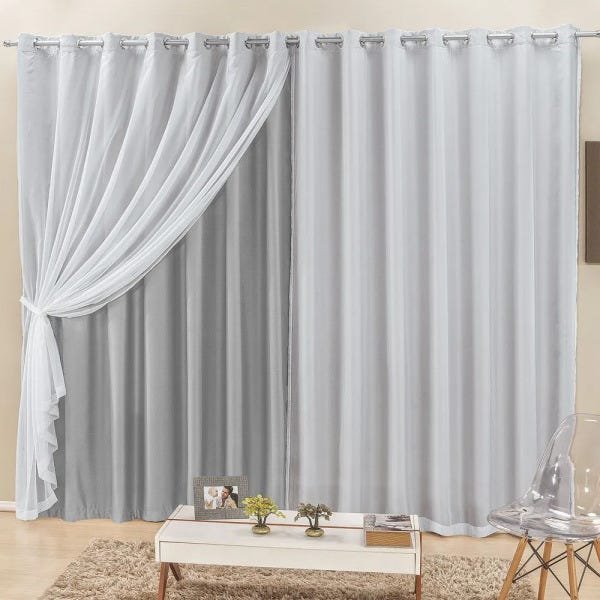 Cortina Elegance para Trilho Comum Tecidos Semi Blackout e Voal 2,00M x 1,70M Sala Quarto - Cinza - 1