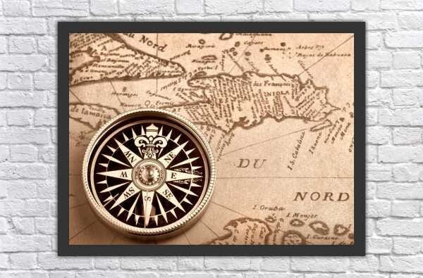 Quadro Decorativo Vintage Retrô Mapa Mundo Bússola Salas Decorações Interiores Com Moldura - 1