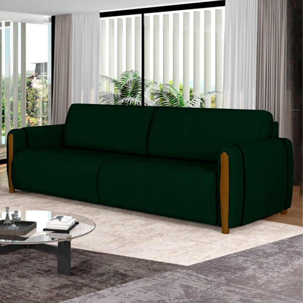 Sofá 3 Lugares 223cm Pés Madeira Amaranto M22 Veludo Verde Mpozenato