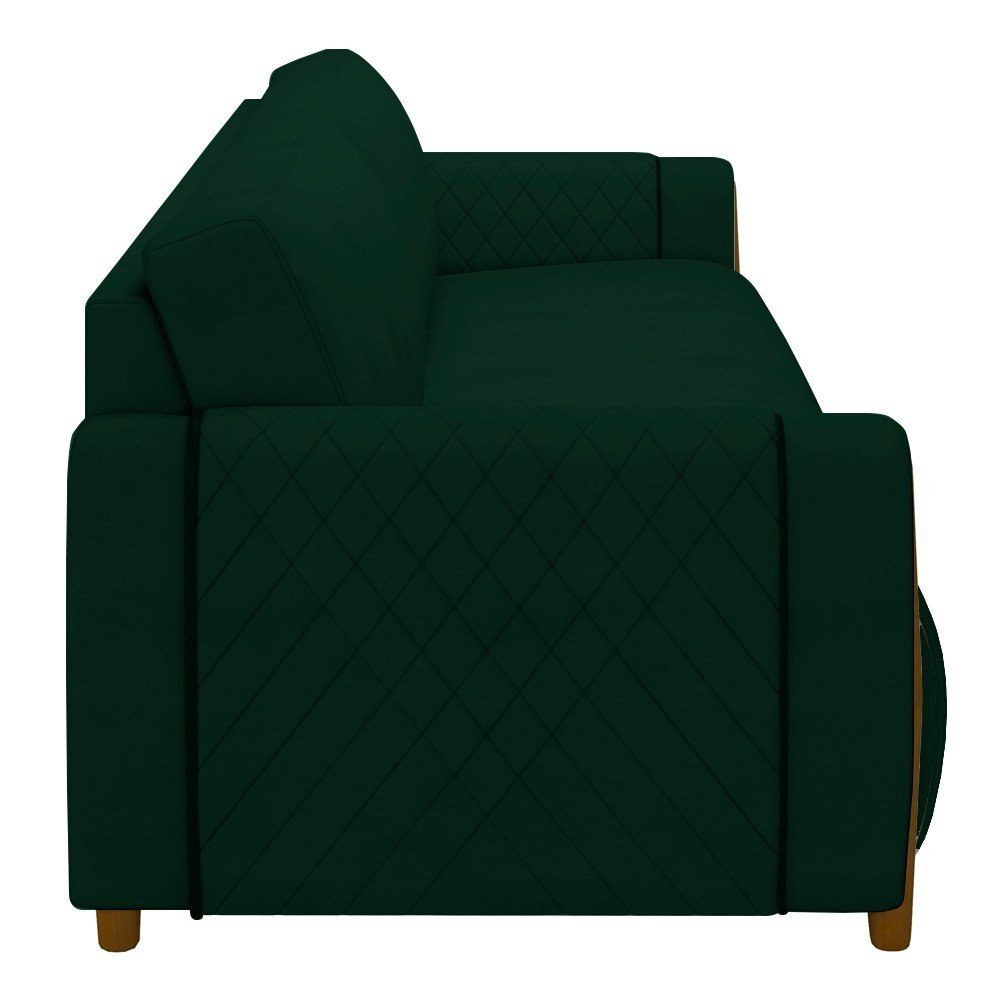 Sofá 3 Lugares 223cm Pés Madeira Amaranto M22 Veludo Verde Mpozenato