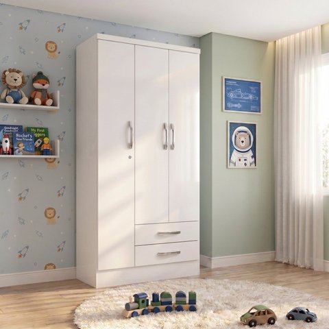 Guarda Roupas Infantil 3 Portas 1 Porta com Chave e 2 Gavetas Léo Branco