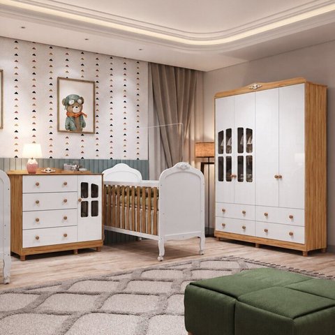 Quarto de Bebê Berço Minicama Guarda-Roupa e Cômoda Janeladas 100% MDF Maya Clássico Espresso Móveis