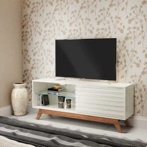 Rack Retrô 1,40m com 1 Porta de Correr Prateleira Vidro 100% Mdf R514 Dalla Costa-off White/nobre