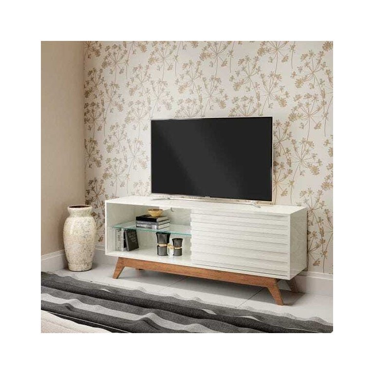 Rack Retrô 1,40m com 1 Porta de Correr Prateleira Vidro 100% Mdf R514 Dalla Costa-off White/nobre