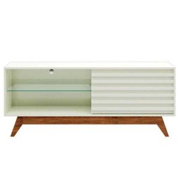 Rack Retrô 1,40m com 1 Porta de Correr Prateleira Vidro 100% Mdf R514 Dalla Costa-off White/nobre - 2