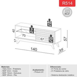 Rack Retrô 1,40m com 1 Porta de Correr Prateleira Vidro 100% Mdf R514 Dalla Costa-off White/nobre - 3