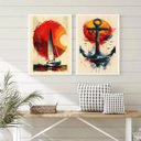 Ver imagem 2 de Kit 2 Quadros Arte Nautica Aquarela - Sol 33x24cm - com Vidro:moldura Branca