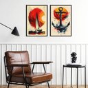 Ver imagem 1 de Kit 2 Quadros Arte Nautica Aquarela - Sol 33x24cm - com Vidro:moldura Branca