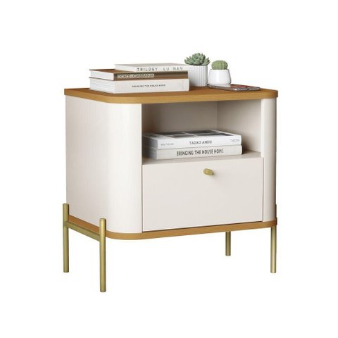 Mesa de Cabeceira Slim Tucupi Off White com Nature Pe Dourado - Moveis Jb