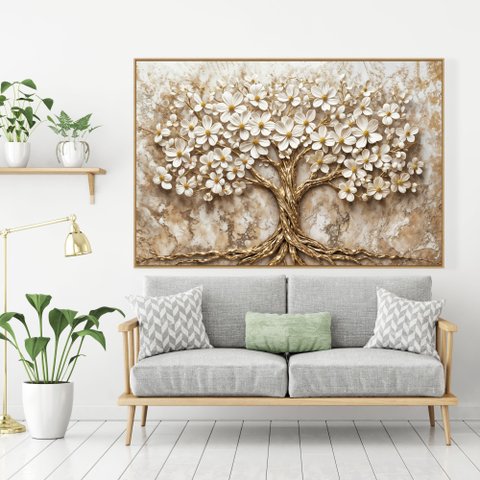 Quadro Decorativo Árvore da Vida Flores Brancas Fundo com Textura Sala Quarto Casa Escritório