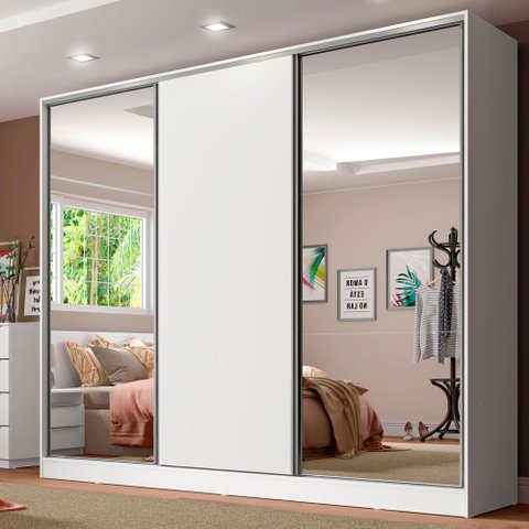 Guarda-Roupa Casal 100% MDF Madesa Royale 3 Portas de Correr com Espelhos Branco Cor:Branco