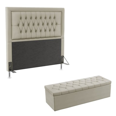 Kit Cabeceira Estofada Antares e Calçadeira Sagitarius 195 Para Cama King Couro Artificial Bege Arad