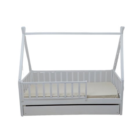 Bicama Solteiro Cabana Montessoriana Madeira Maciça Pinus - Branco - Grade Vertical Completa