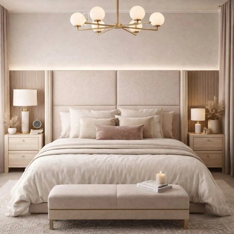 Cabeceira Grecia Estofada Luxo Queen 1,60cm Detalhes Dourado Bege