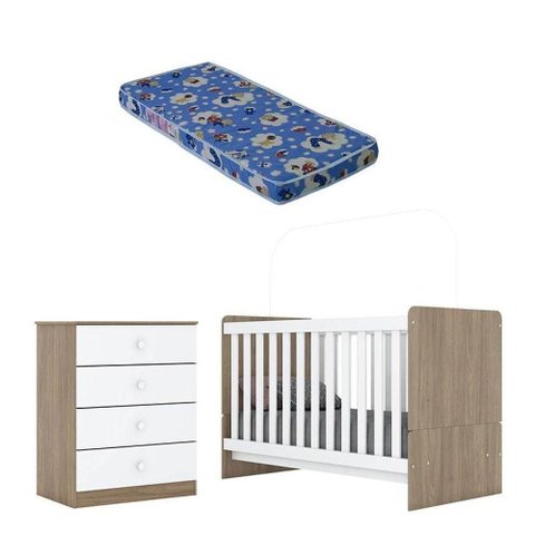 Berço e Cômoda Infantil Labirinto Rústico Branco Brilho com Colchão Ortobom - Henn