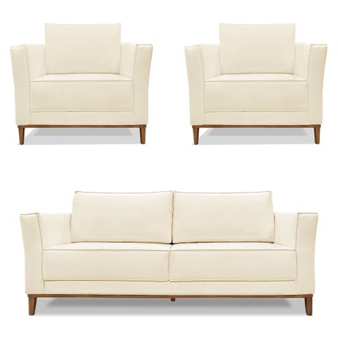 Kit 2 Poltronas e Sofá Living 2 Lugares 1,90m Vega Linho Pés Castanho - Pallazio Cinza