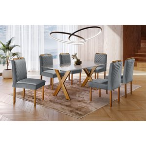 Conjunto Sala de Jantar 6 Lugares Mesa e Cadeiras Munique Madeira Maciça Veludo Cinza Profundo