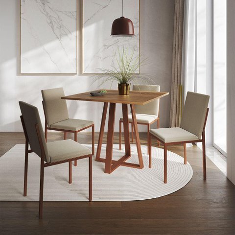 Conjunto de Jantar Mesa 90cm Imbuia com 4 Cadeiras Estofadas Bege Base Cobre - Preto