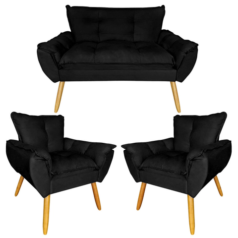 KIT Namoradeira Opala + 2 Poltronas para Sala Preto